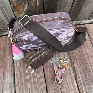 💕NEW BRINDLE COW PRINT BAG & CARD HOLDER WALLET SET PINK DOG KEYCHAIN & TASSEL💕